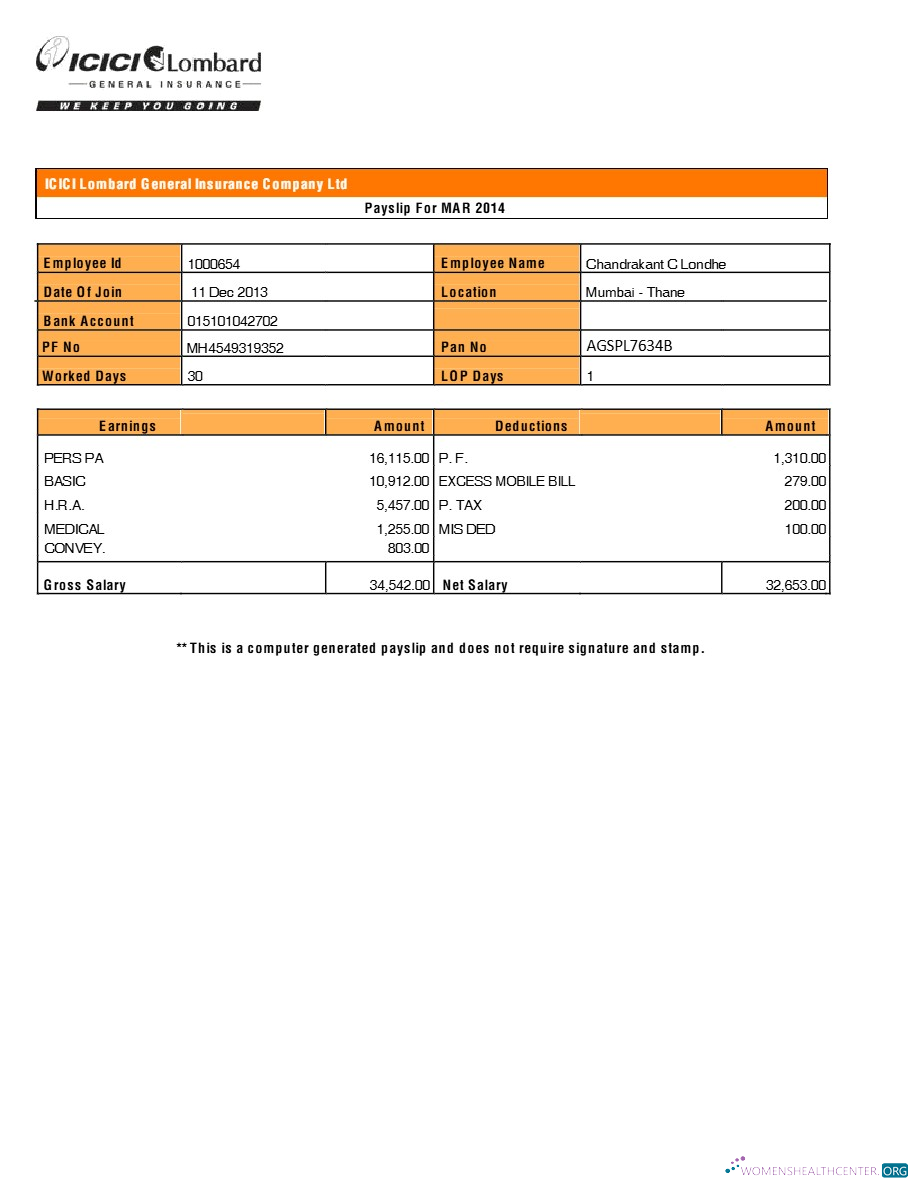 Download ICICI Lombard General Insurance Company payslip template in Word and PDF formats.pdf, 1 Photoshop template